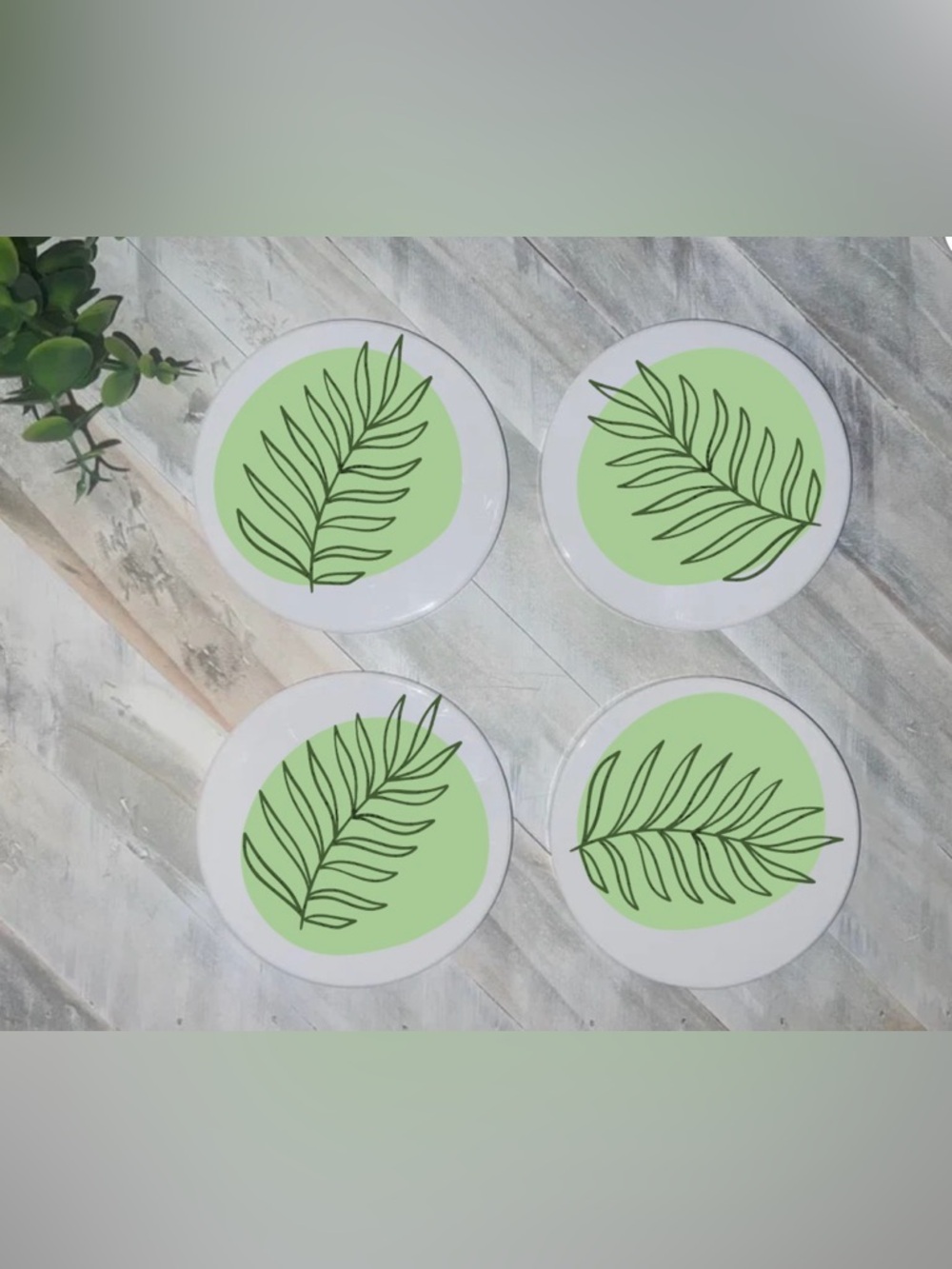 Set of 4 White Plates with Green Leaf Motif